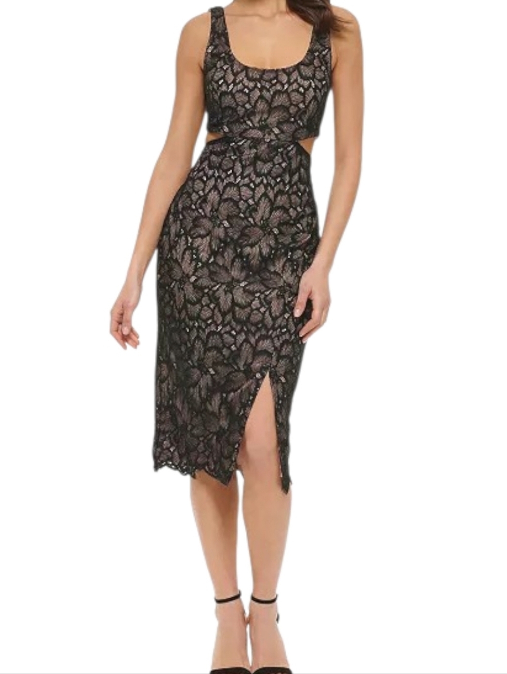 NWT Guess Black Lace Side Cutout Midi Bodycon Dress 6 Cocktail Square Neck